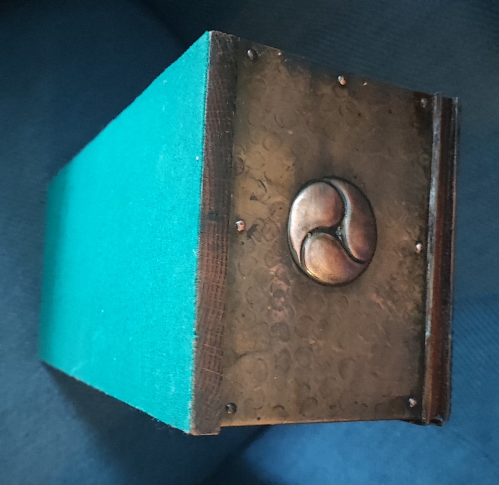 Art's and crafts copper and oak book trough. View II