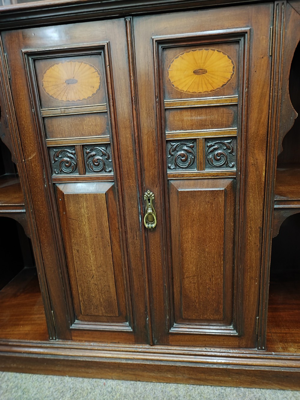 A fine Edwardian mahogany side cabinet, open bookcase. View IV