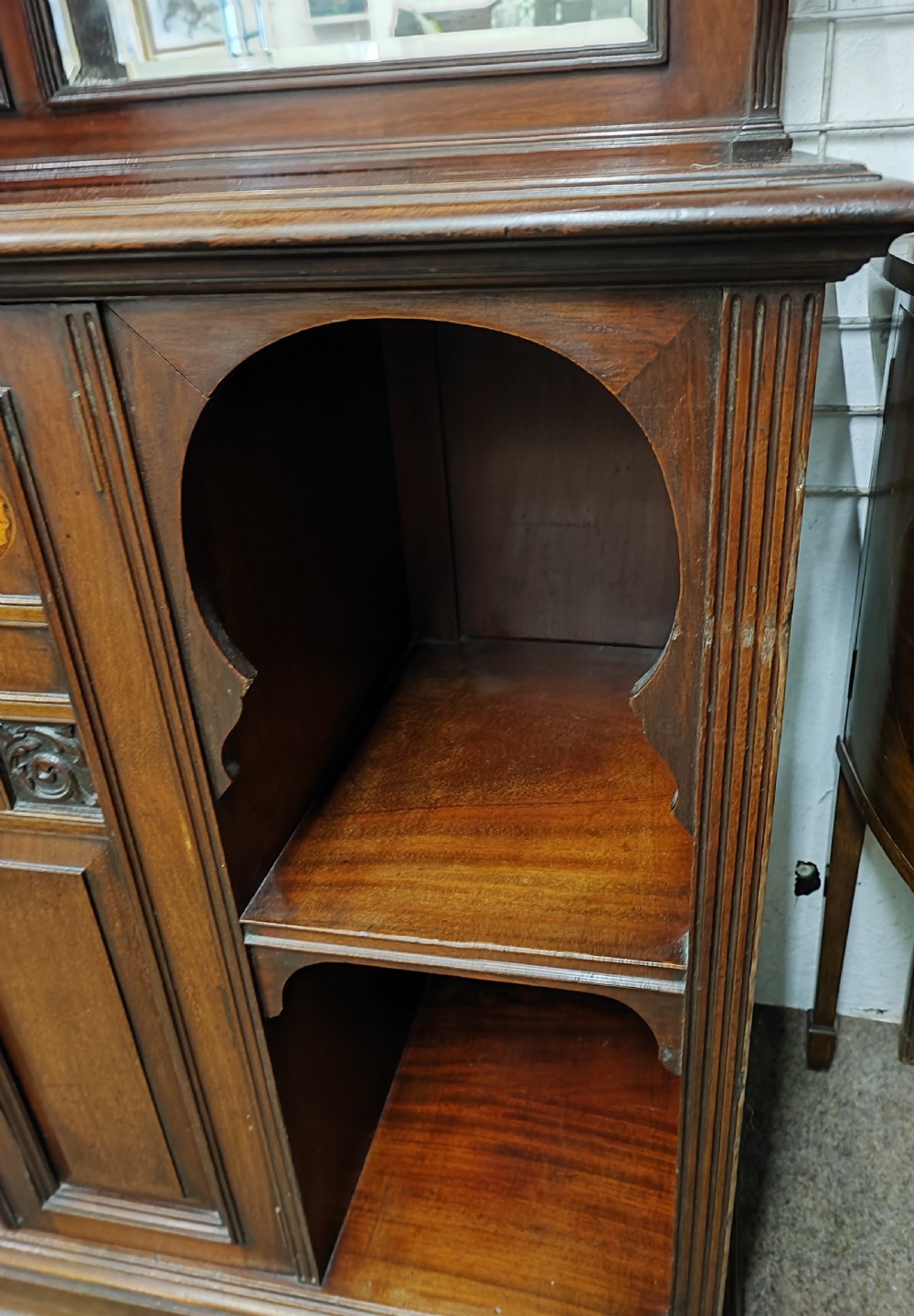 A fine Edwardian mahogany side cabinet, open bookcase. View XII