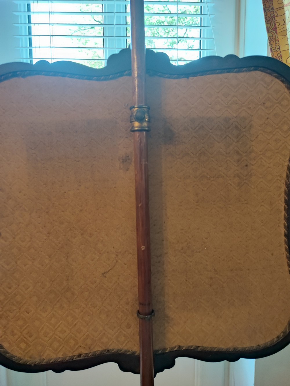 Victorian walnut fire screen, featuring the royal military coat of arms. View II