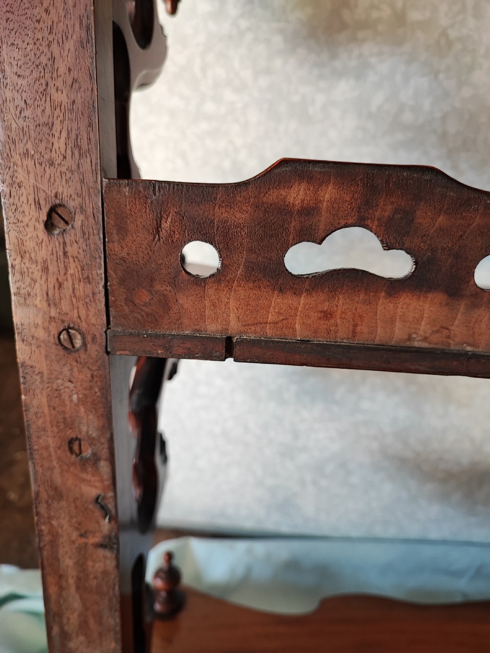 Victorian walnut hanging shelves. View IX