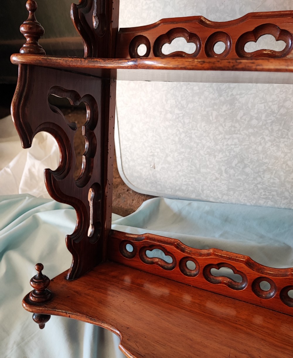 Victorian walnut hanging shelves. View XIII