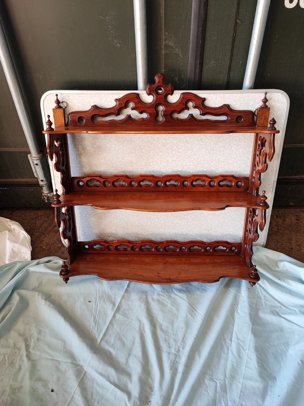 Victorian walnut hanging shelves. View XIX