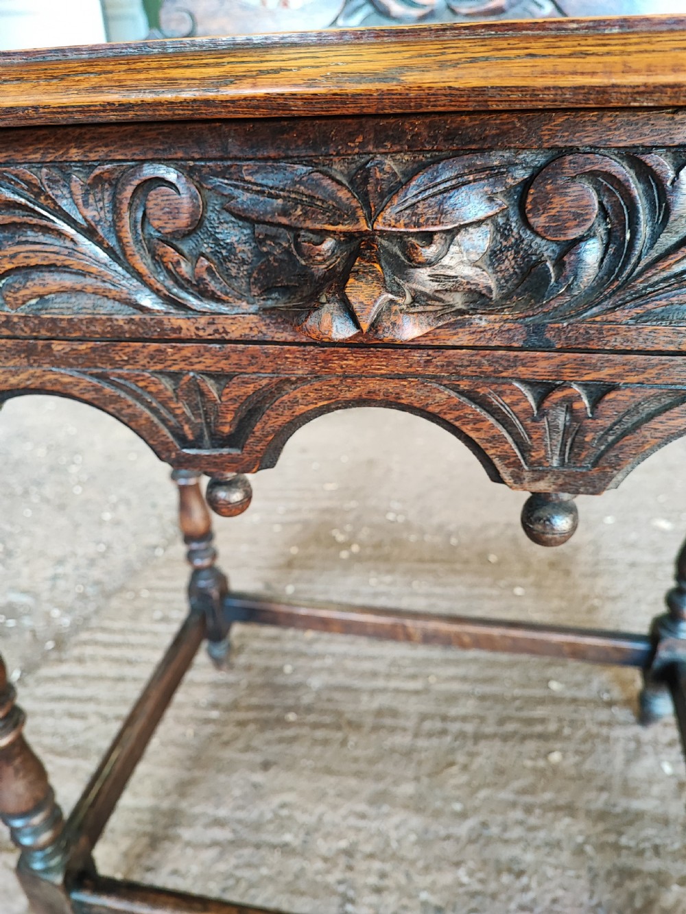 Victorian (Green Man ) carved oak side table. View X