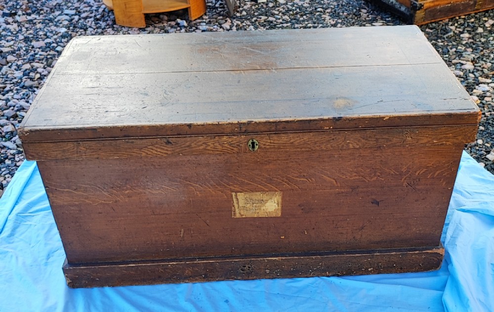 Victorian large pine trunk with original decoration.