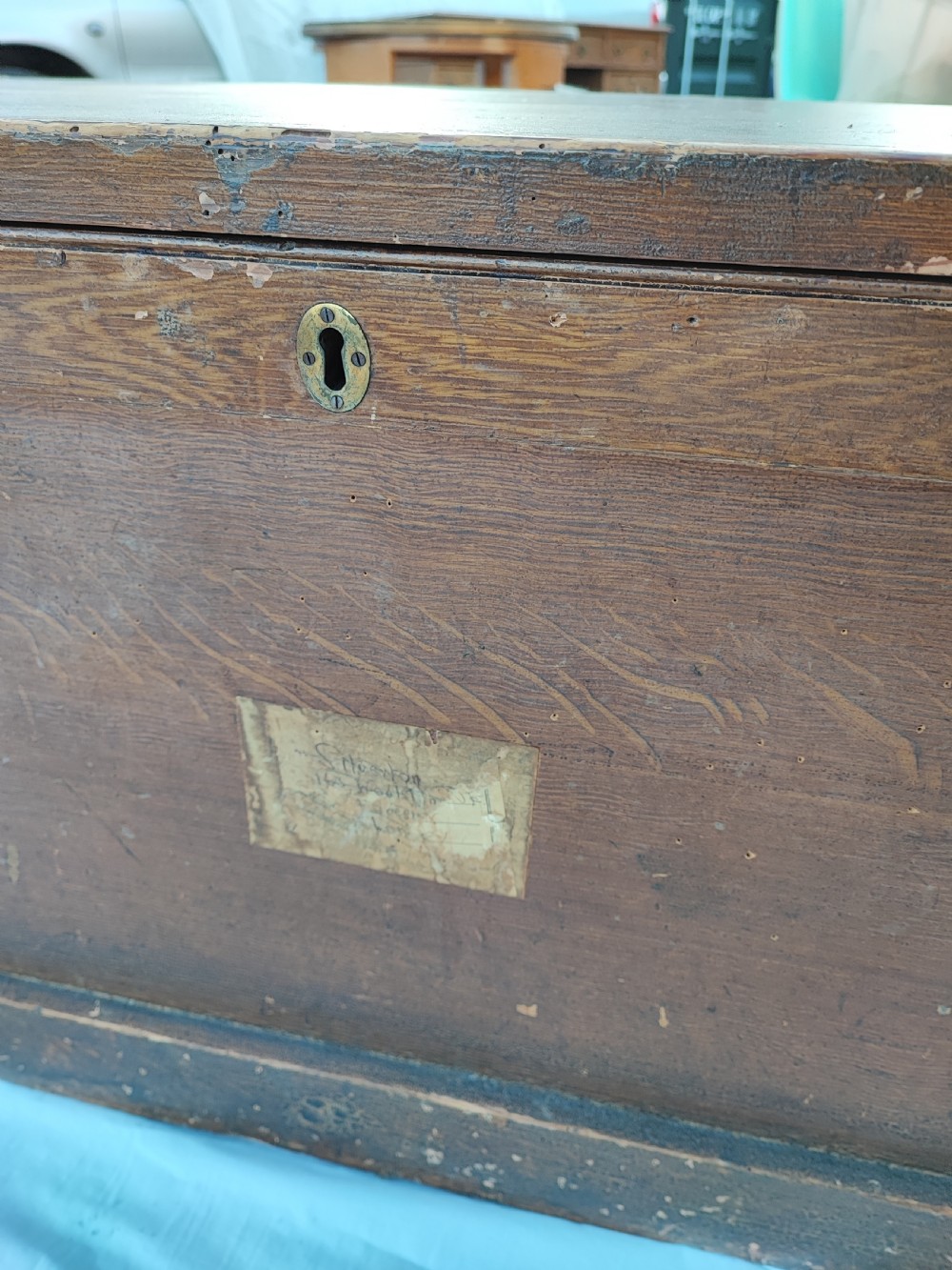 Victorian large pine trunk with original decoration. View II