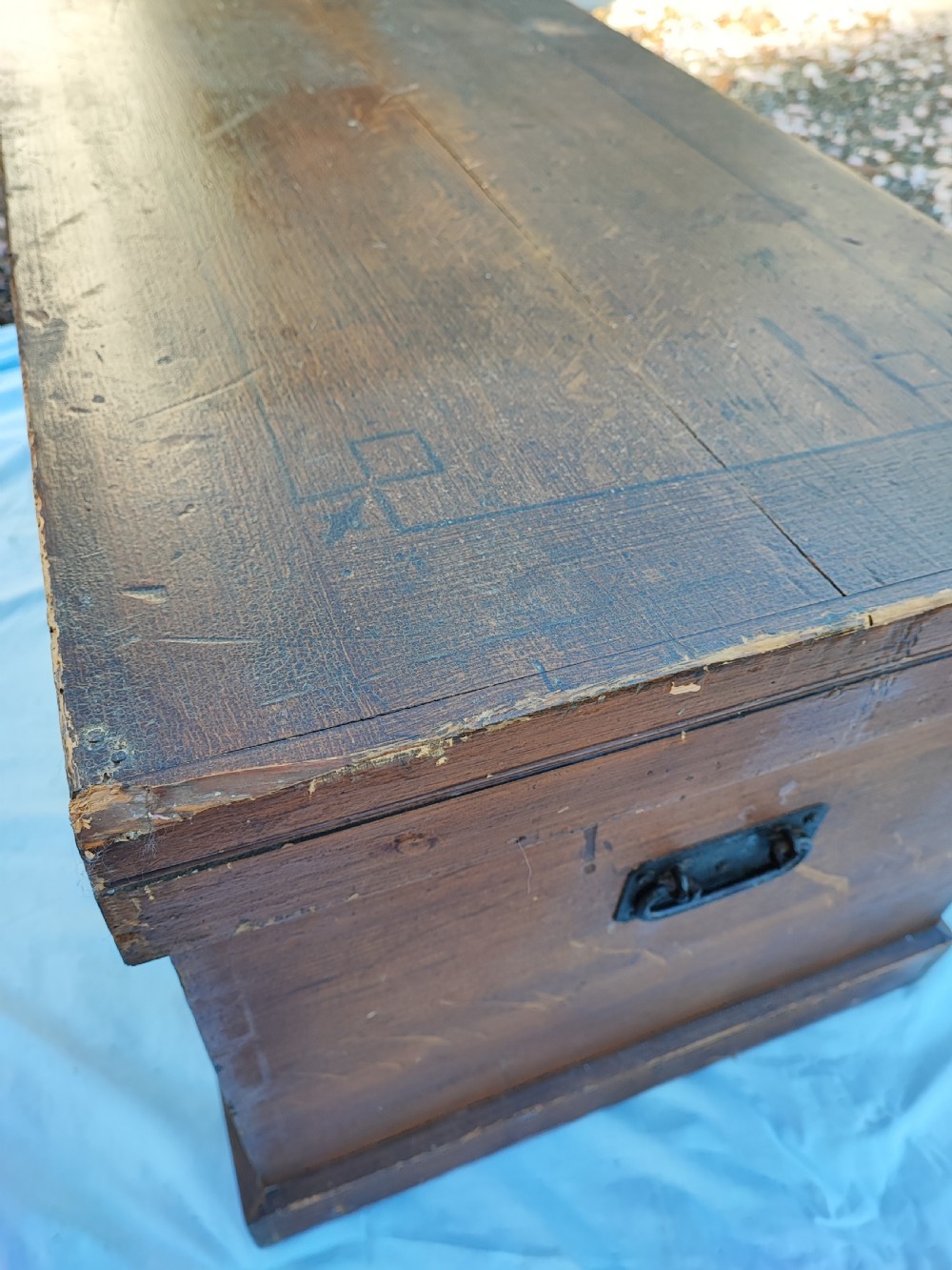Victorian large pine trunk with original decoration. View X