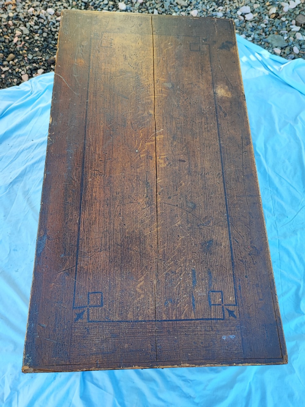 Victorian large pine trunk with original decoration. View XX
