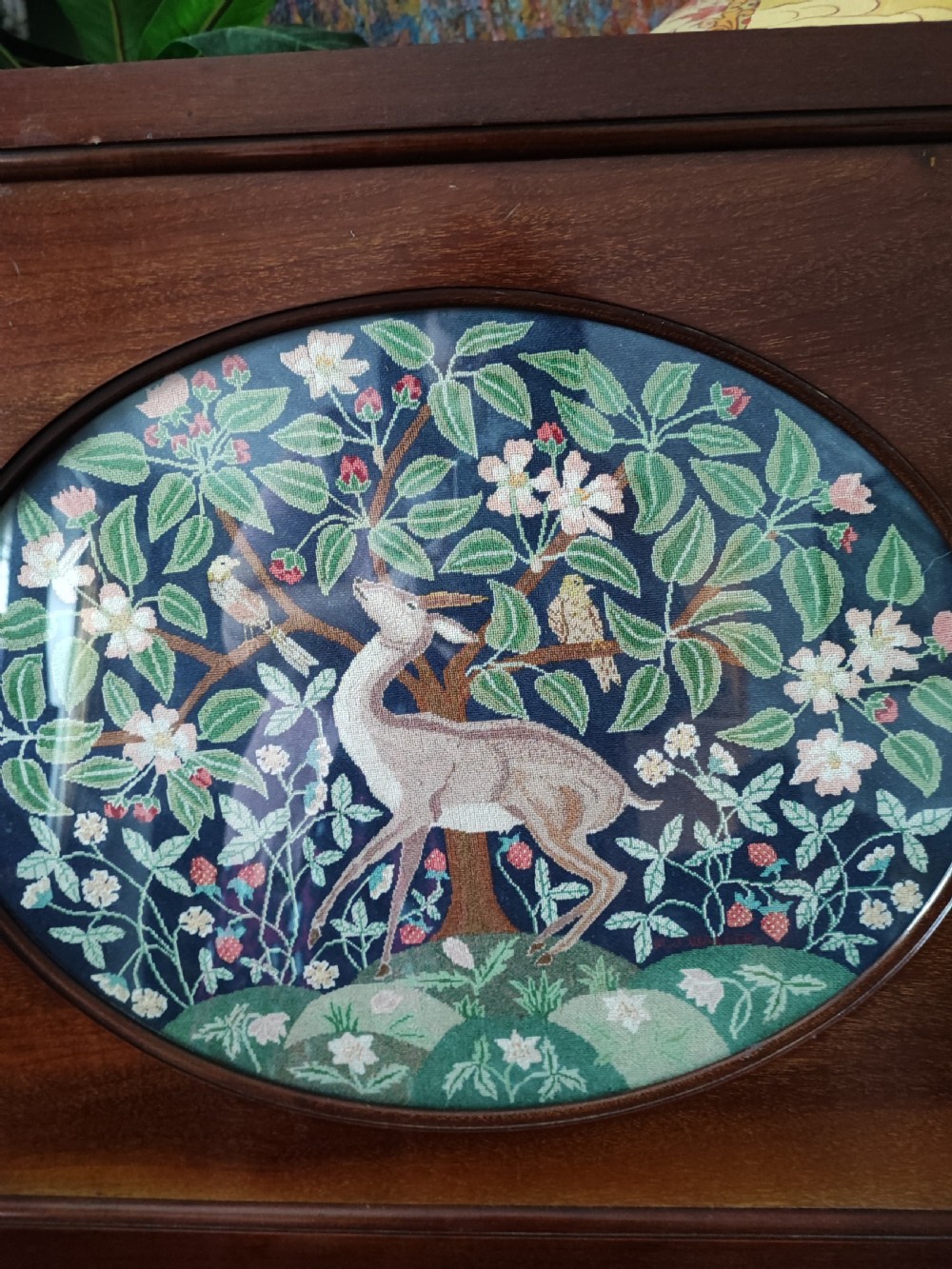 A fine Art's and crafts needlework framed panel ,signed M J Walker. View VIII