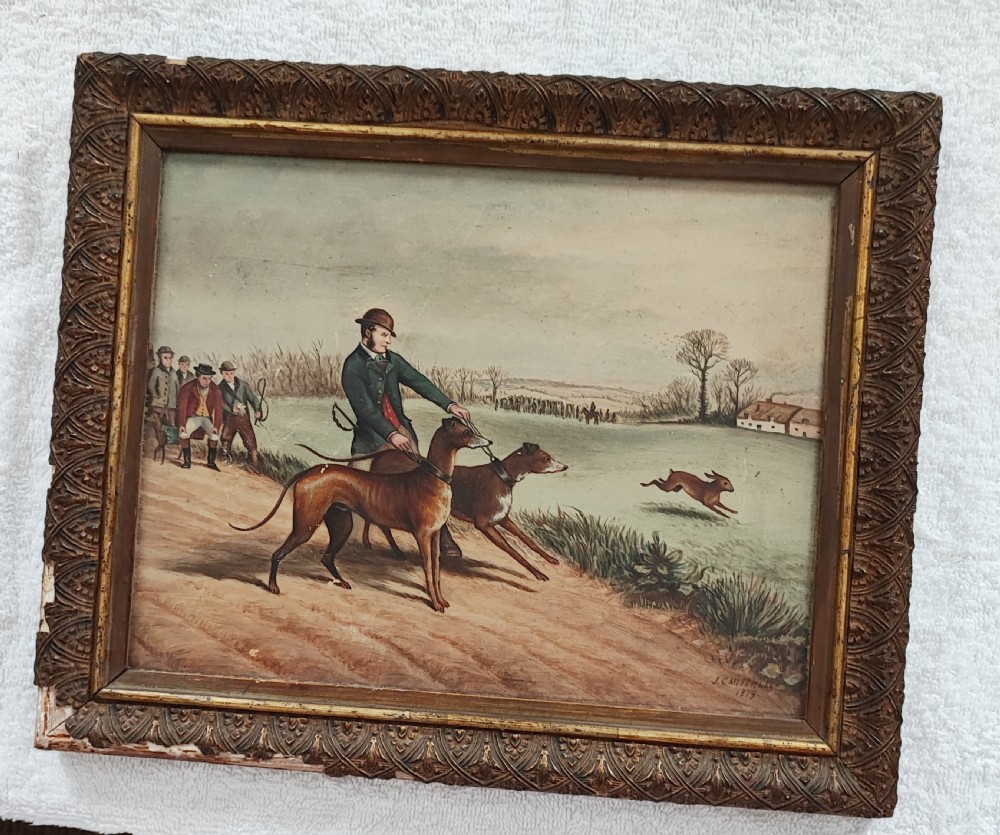 Primitive oil painting of hare coursing. (Possibly Irish)