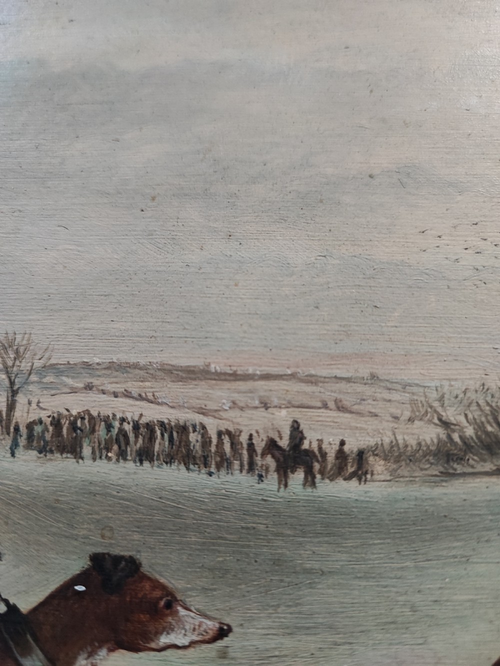 Primitive oil painting of hare coursing. (Possibly Irish) View II