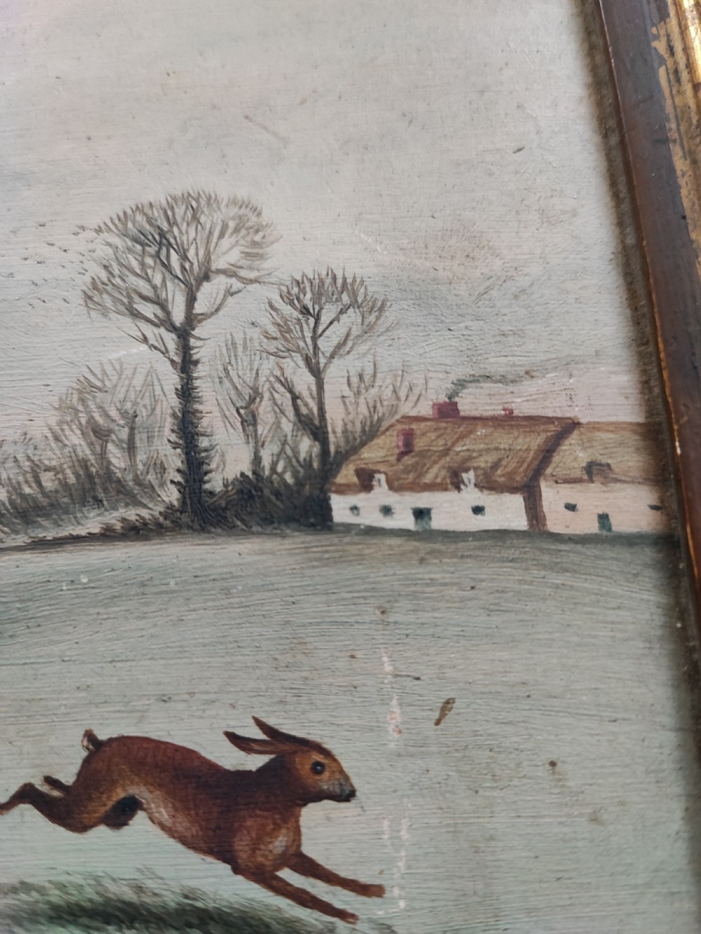 Primitive oil painting of hare coursing. (Possibly Irish) View IV
