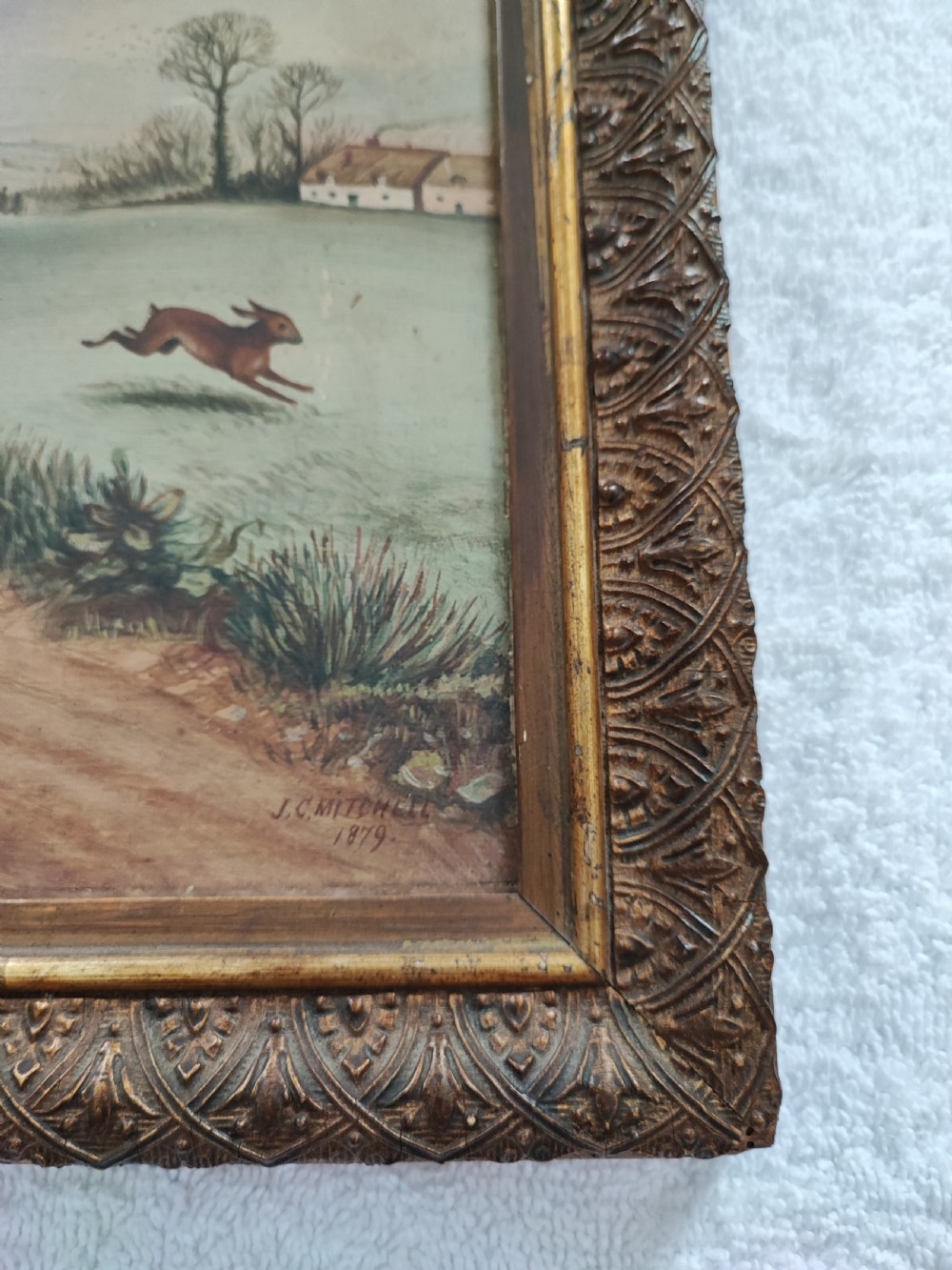 Primitive oil painting of hare coursing. (Possibly Irish) View IX