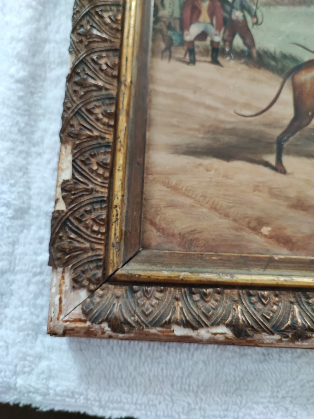 Primitive oil painting of hare coursing. (Possibly Irish) View X