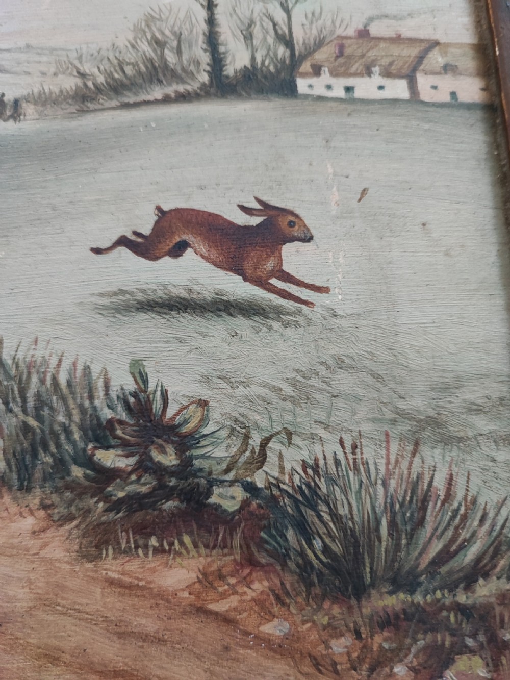 Primitive oil painting of hare coursing. (Possibly Irish) View XI