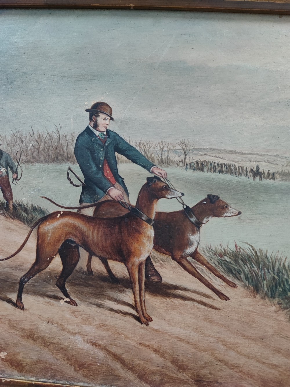 Primitive oil painting of hare coursing. (Possibly Irish) View XII