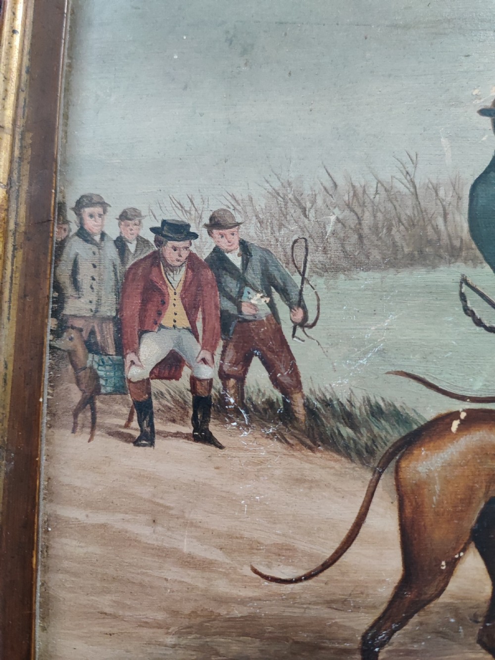 Primitive oil painting of hare coursing. (Possibly Irish) View XIII