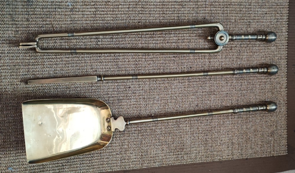 Antique set of art's and crafts brass fireirons by Bentham and Froude  View II