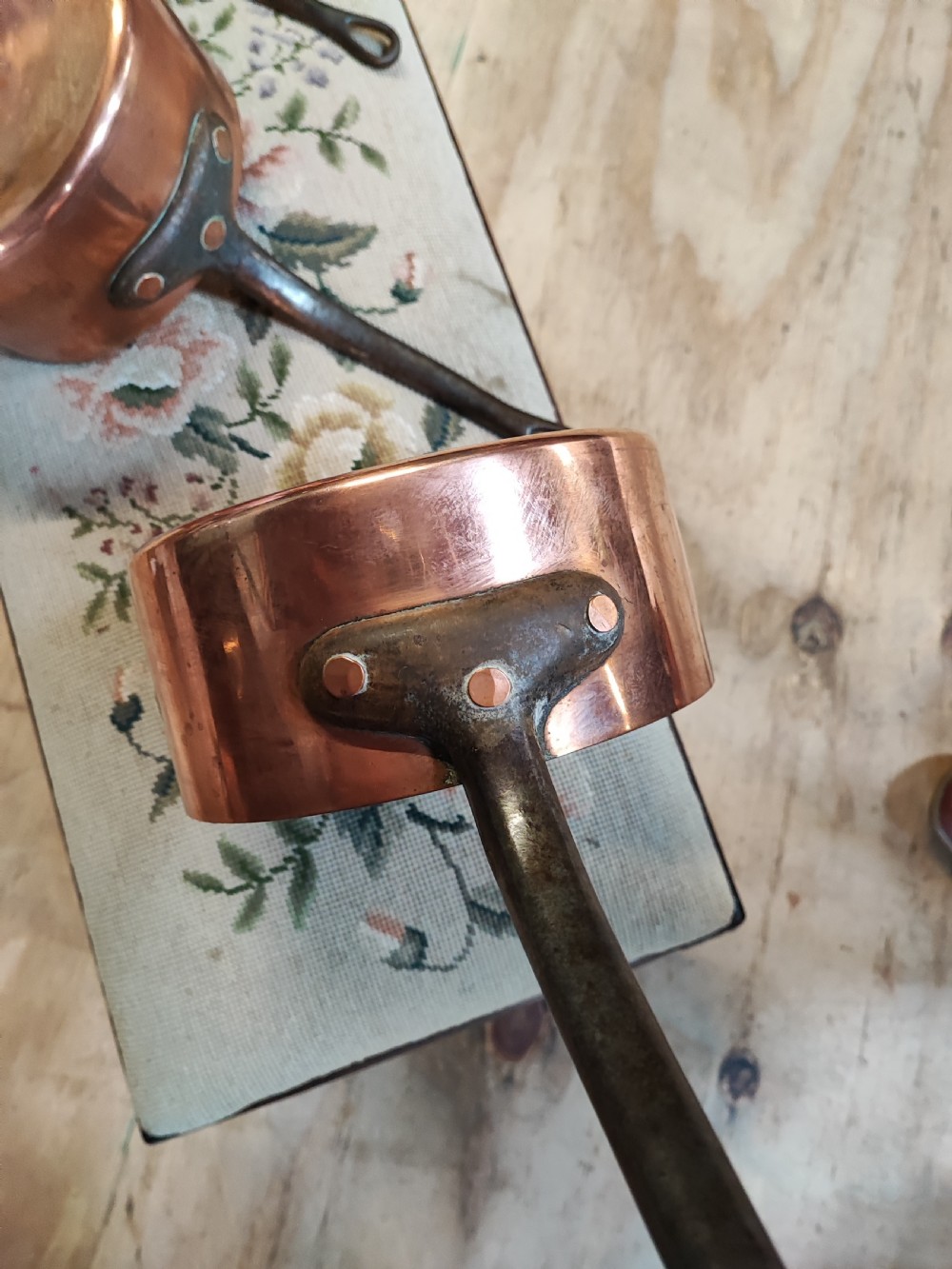 Antique set of 5 French copper pans. View IV