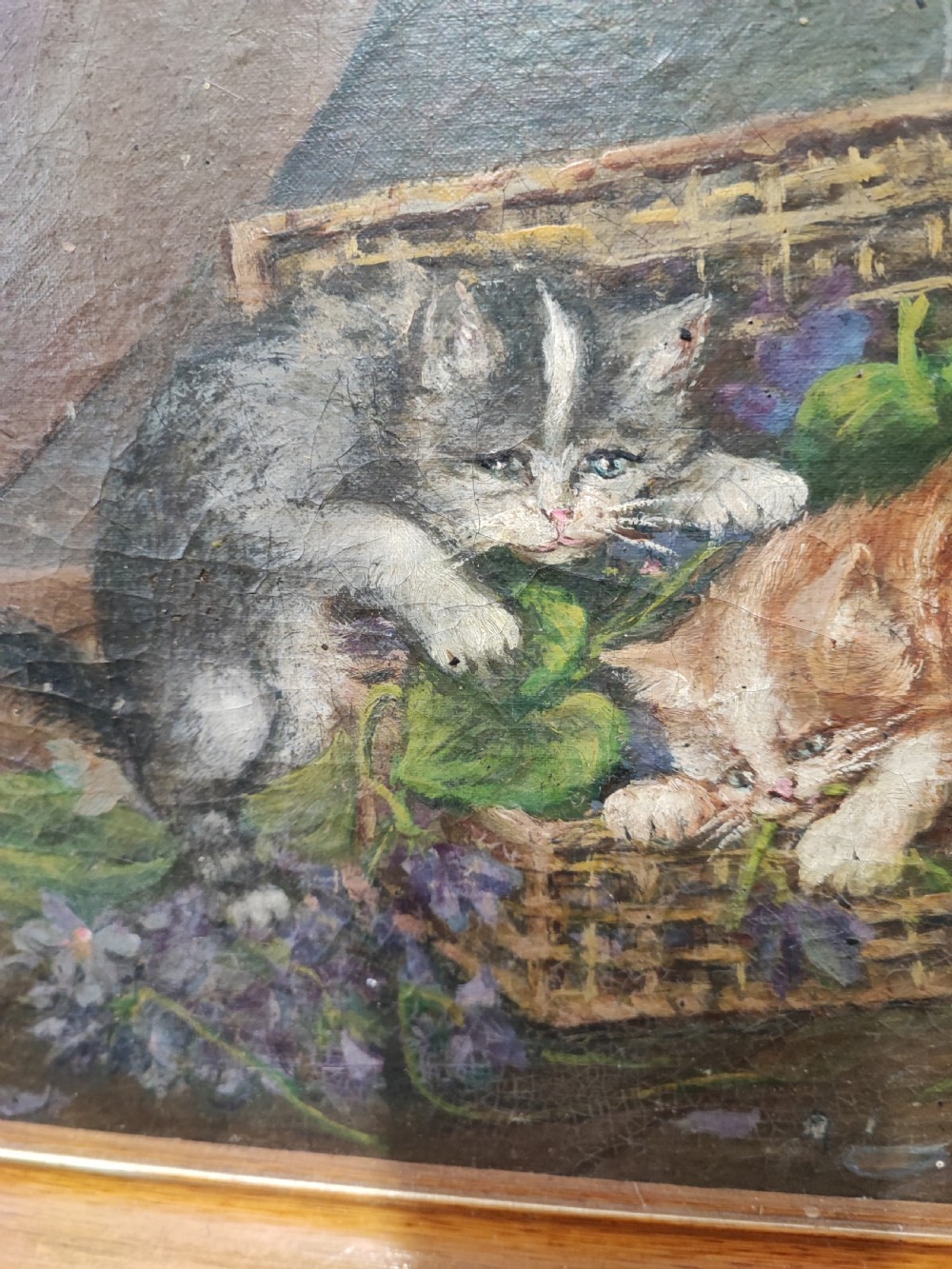 Antique French oil of kittens at play. View II