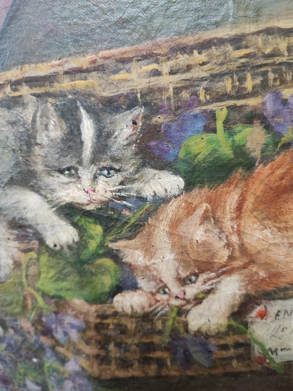 Antique French oil of kittens at play. View III