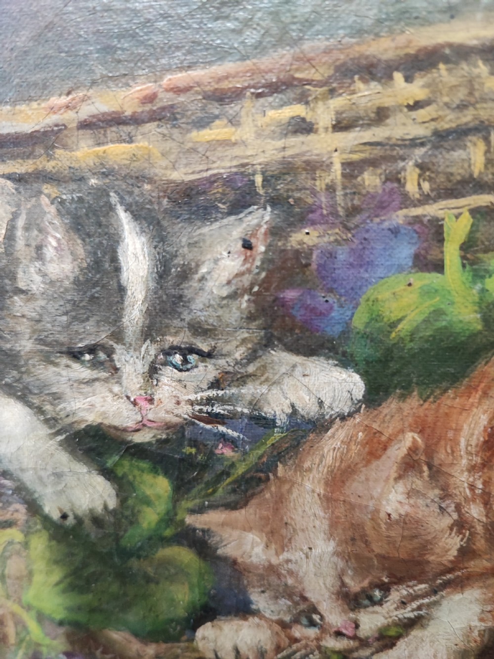 Antique French oil of kittens at play. View IV