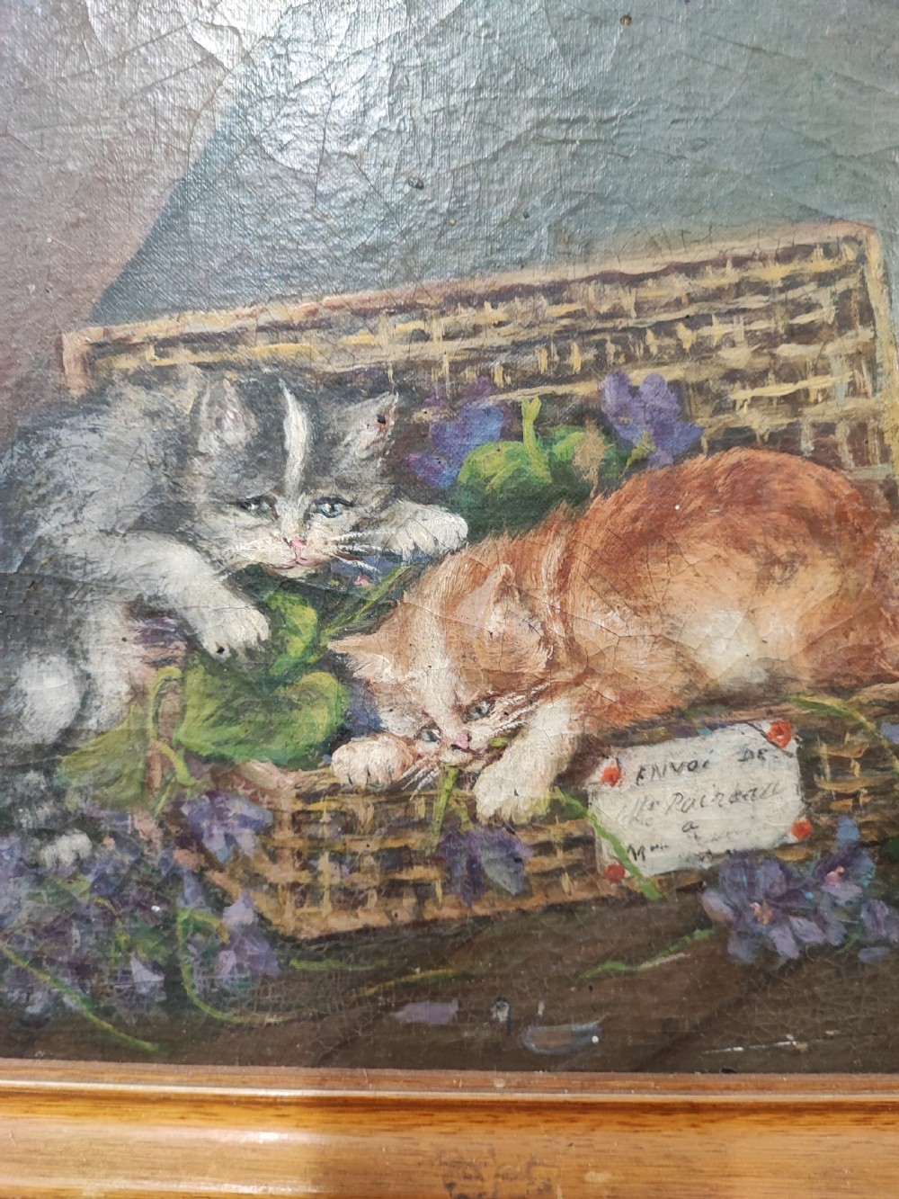 Antique French oil of kittens at play. View VIII
