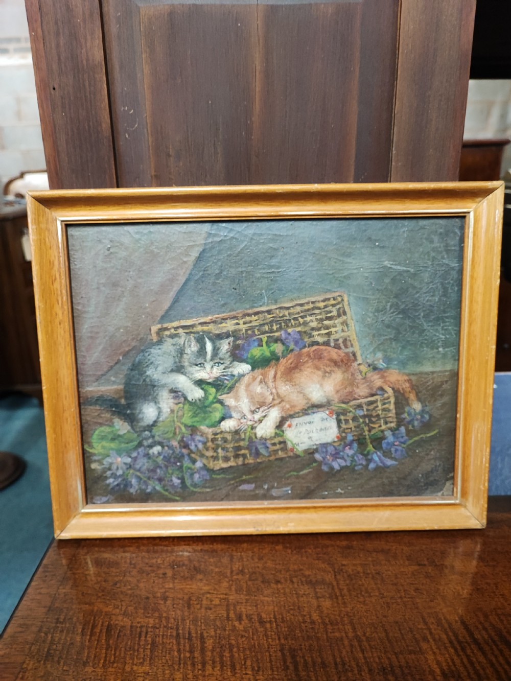Antique French oil of kittens at play. View IX