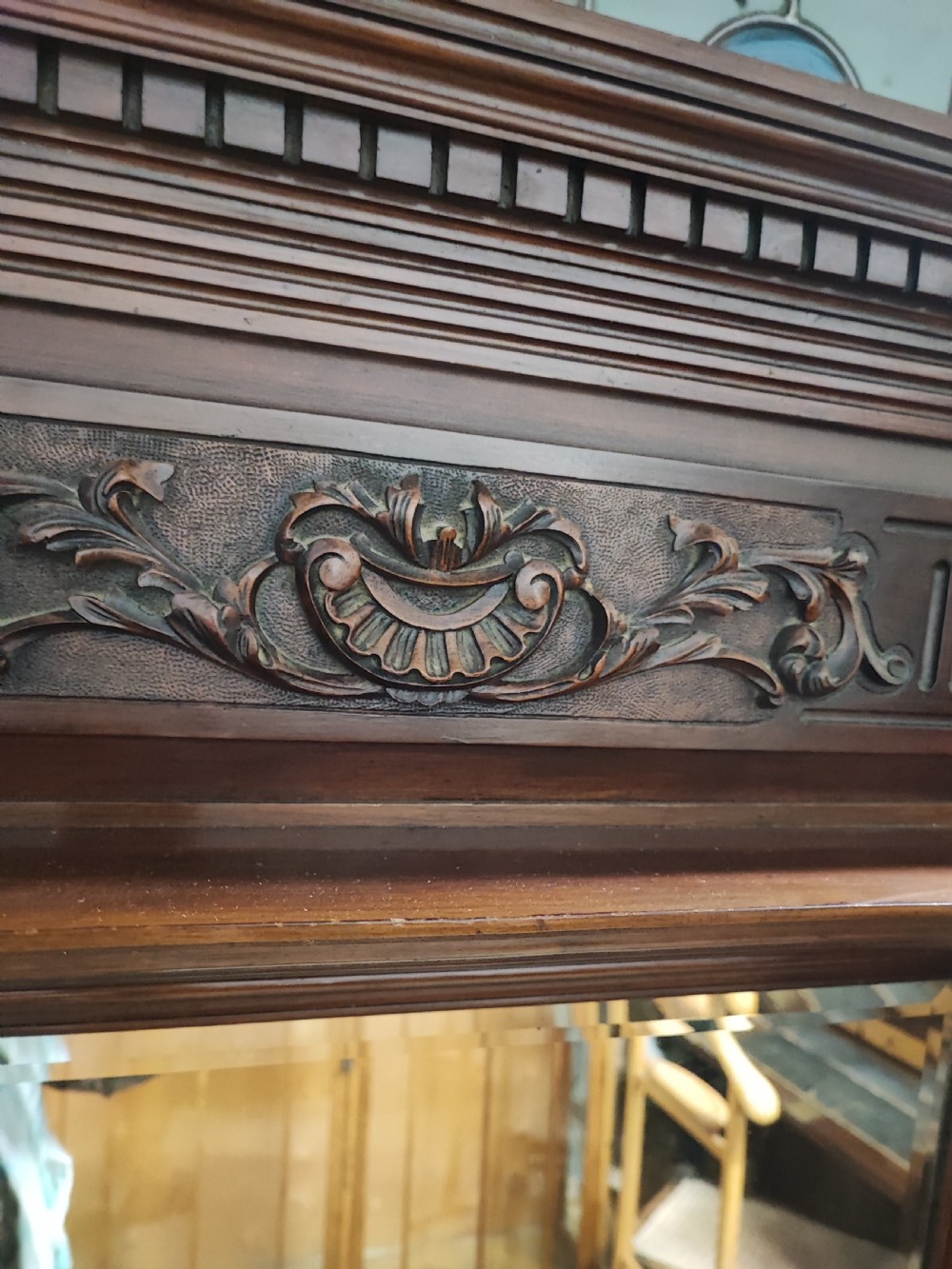 Large Victorian mahogany overmantel mirror. View II