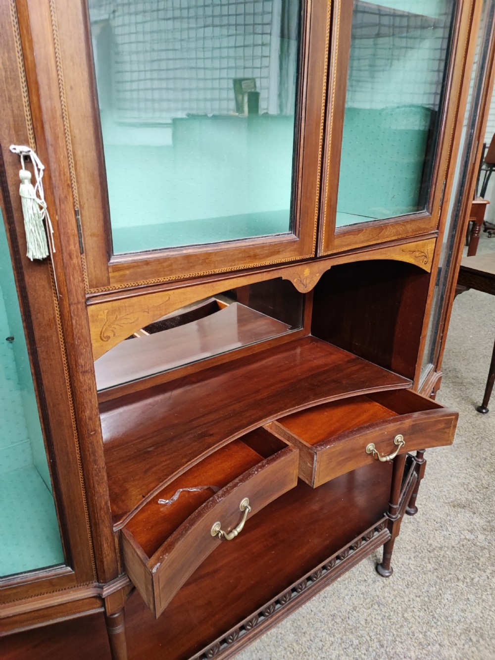 An Edwardian inlaid arts and crafts display cabinet. View VI