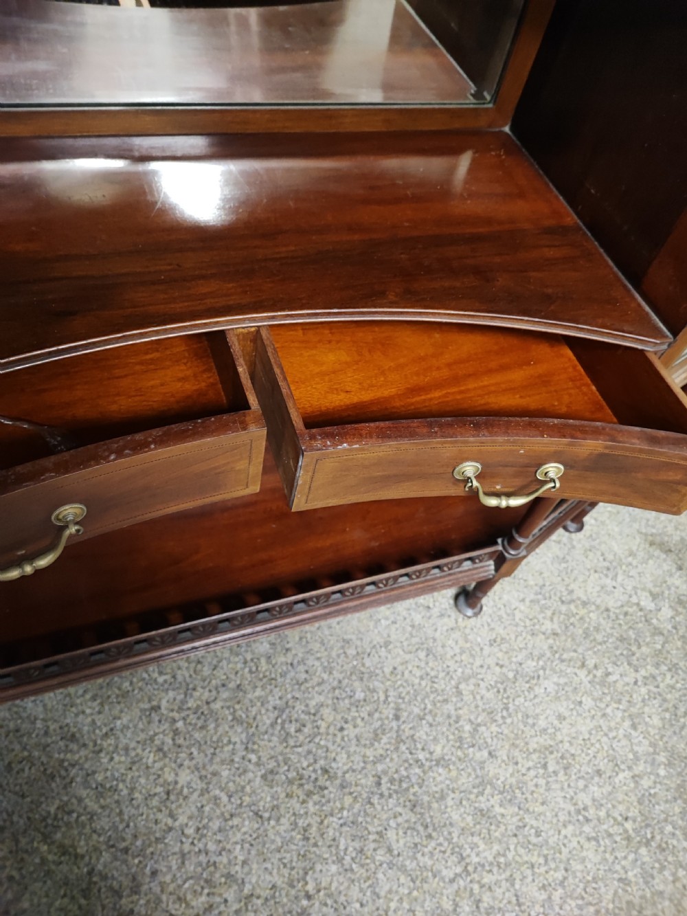 An Edwardian inlaid arts and crafts display cabinet. View VII