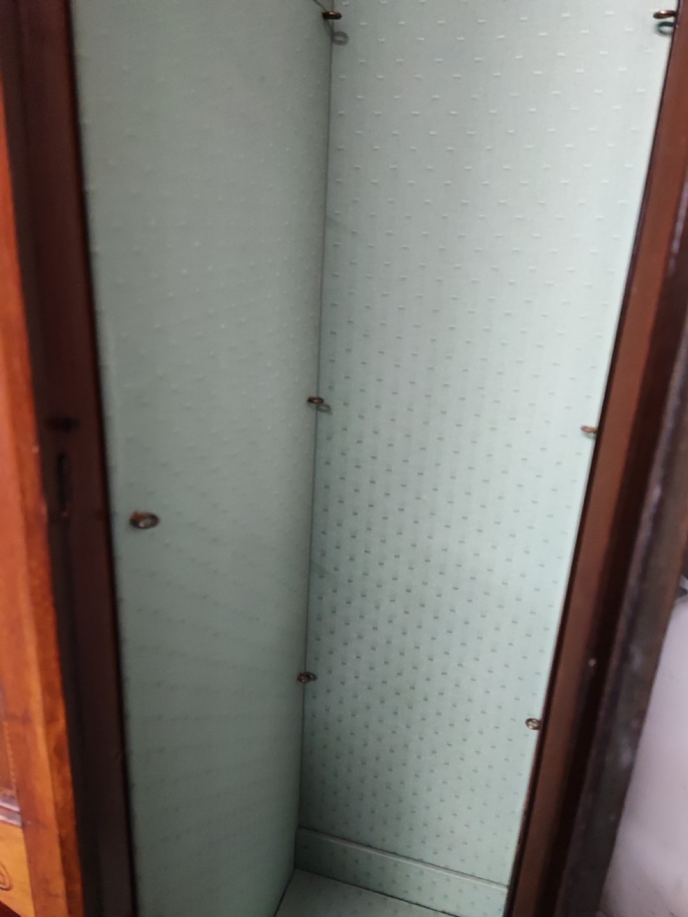 An Edwardian inlaid arts and crafts display cabinet. View IX