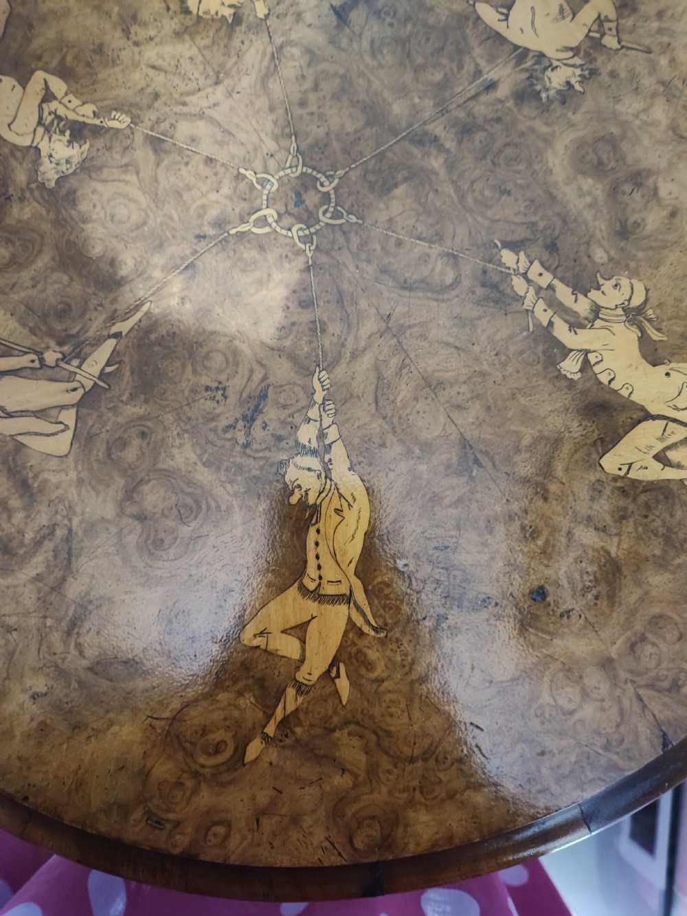 A fine and rare Victorian burr walnut tripod table. View VIII