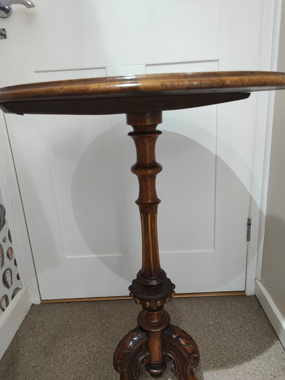 A fine and rare Victorian burr walnut tripod table. View XIII