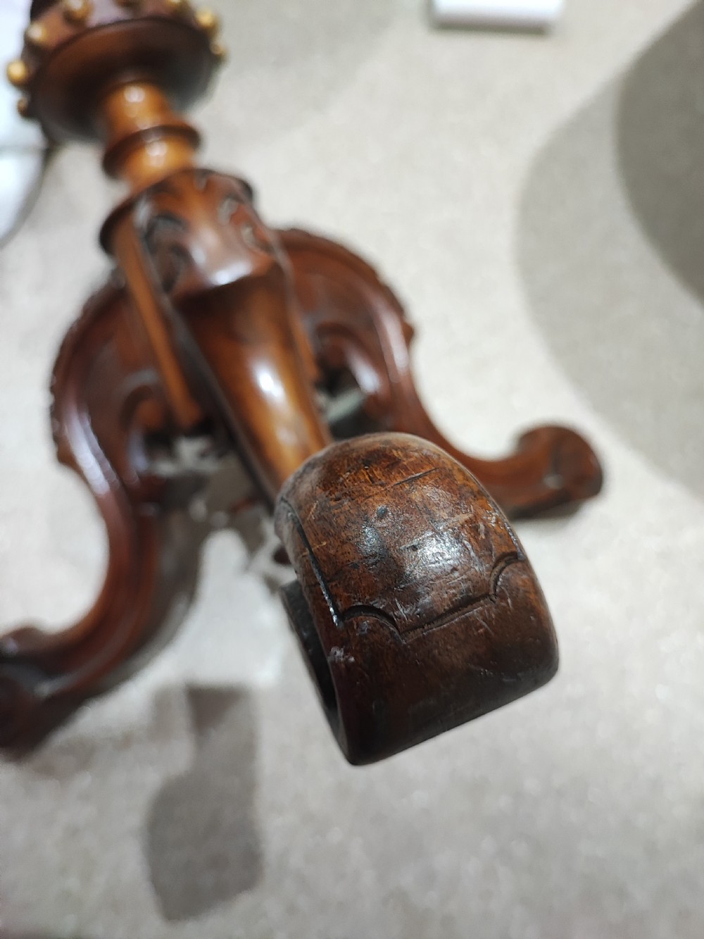 A fine and rare Victorian burr walnut tripod table. View XV