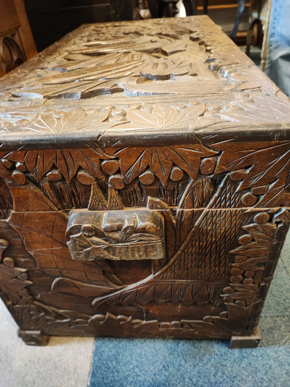 19c carved camphor trunk. View V