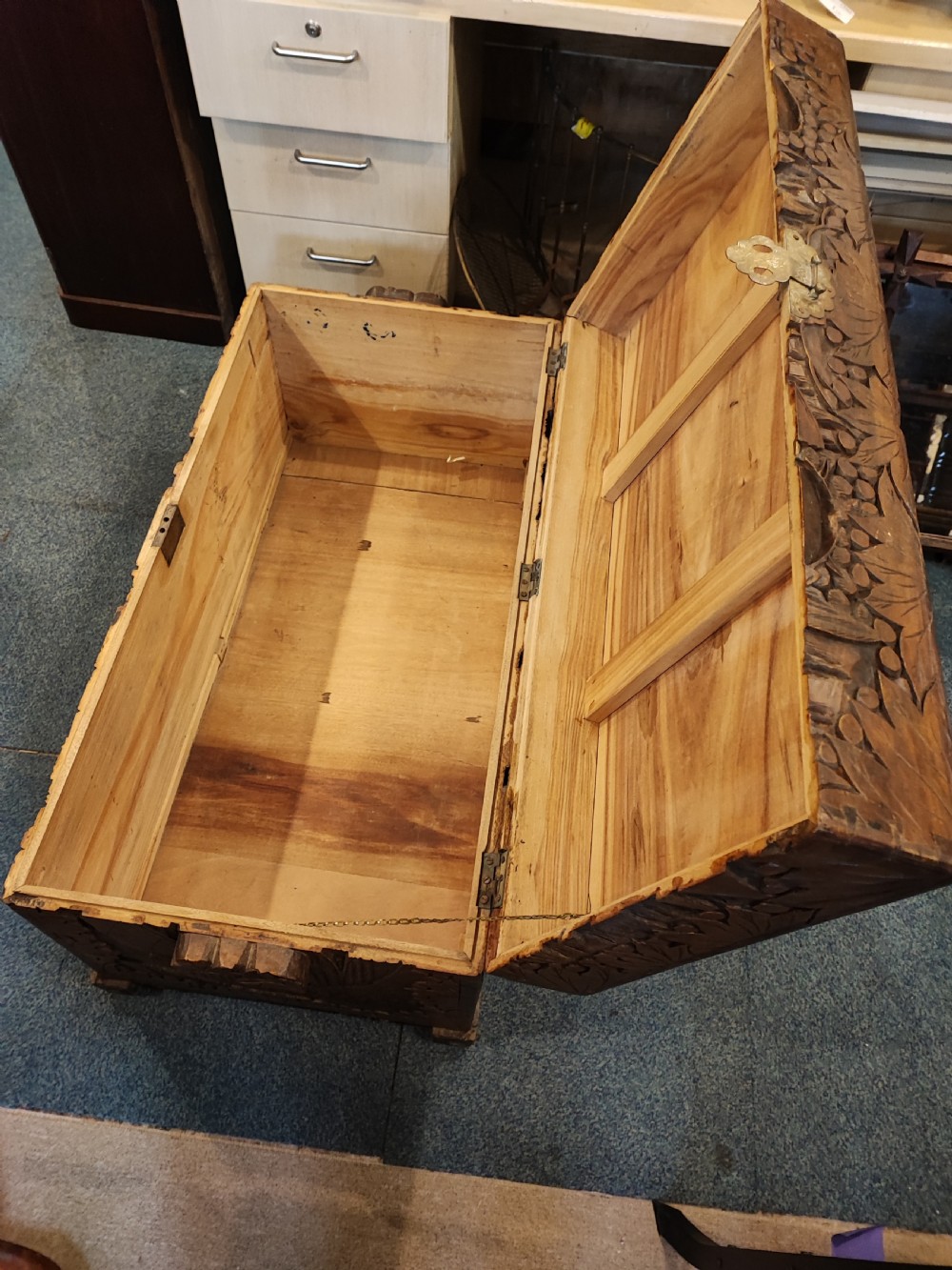 19c carved camphor trunk. View IX