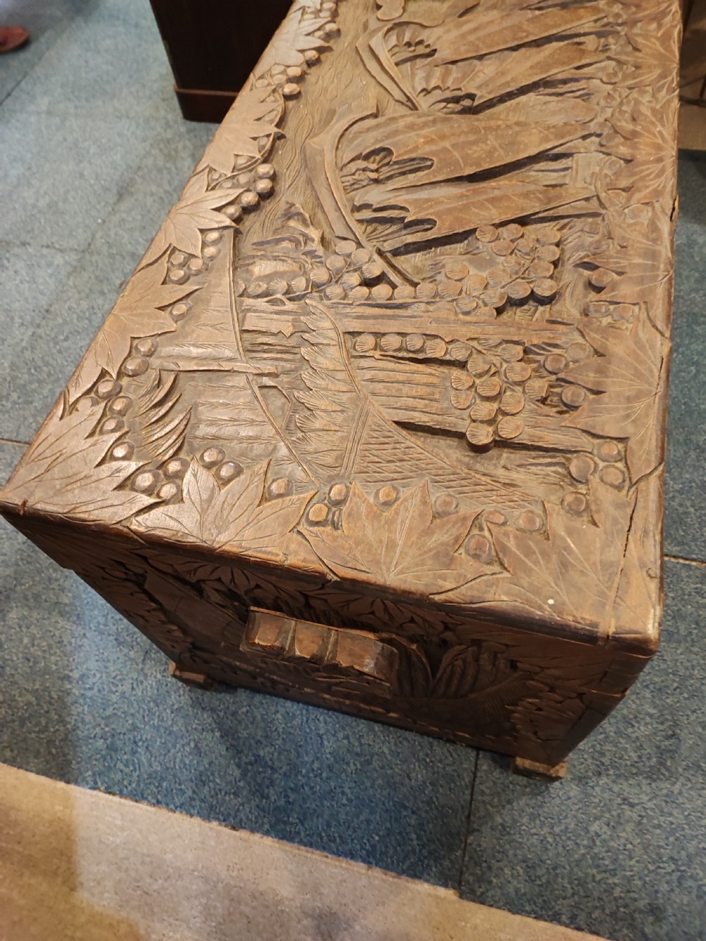 19c carved camphor trunk. View X