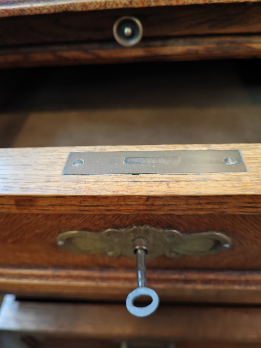 Antique French oak chest of drawers with writing slide. View VII
