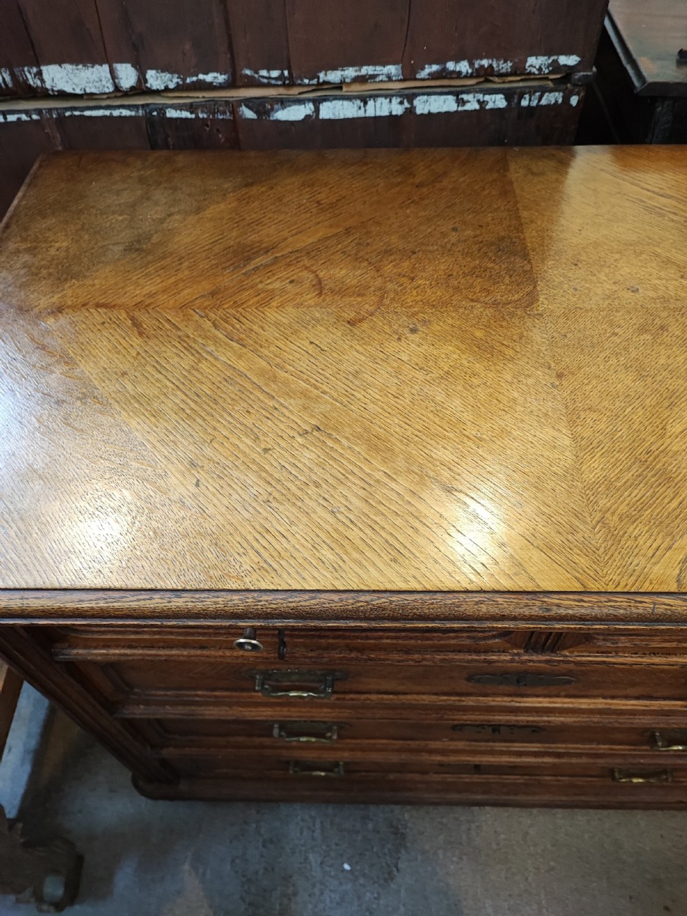 Antique French oak chest of drawers with writing slide. View XII