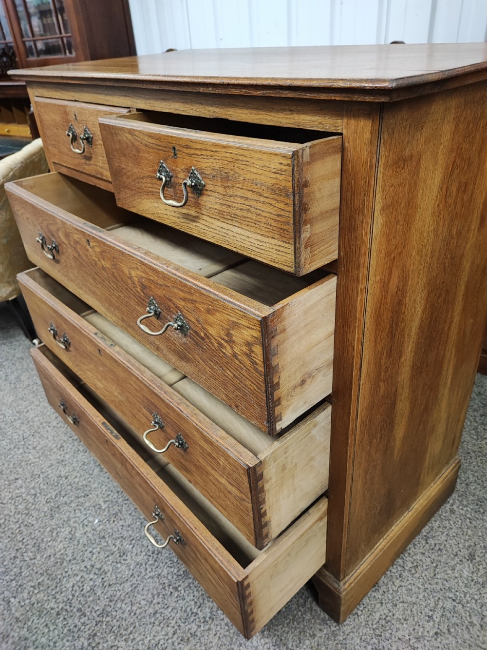 Antique light oak chest of drawers. View IV