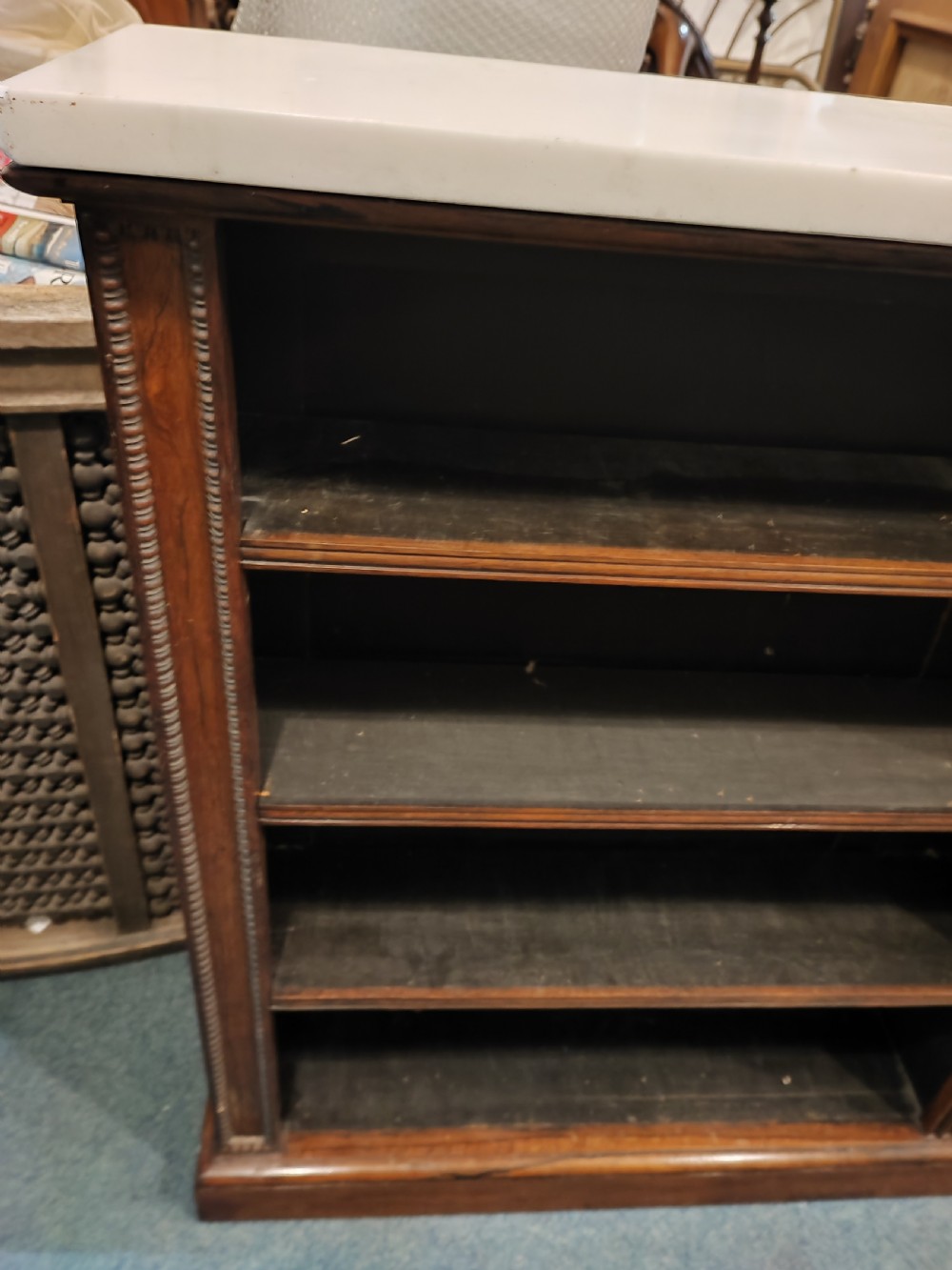Regency rosewood open bookcase with original white marble top. View VI