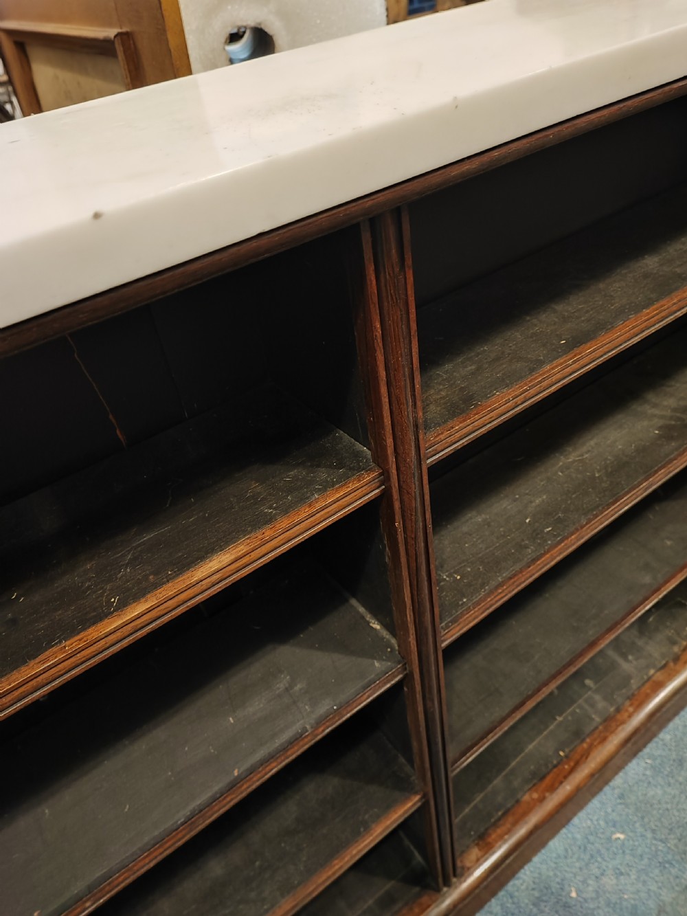 Regency rosewood open bookcase with original white marble top. View XV