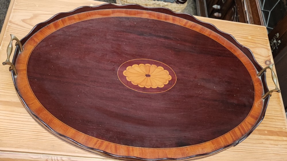 19c oval inlaid mahogany tray.