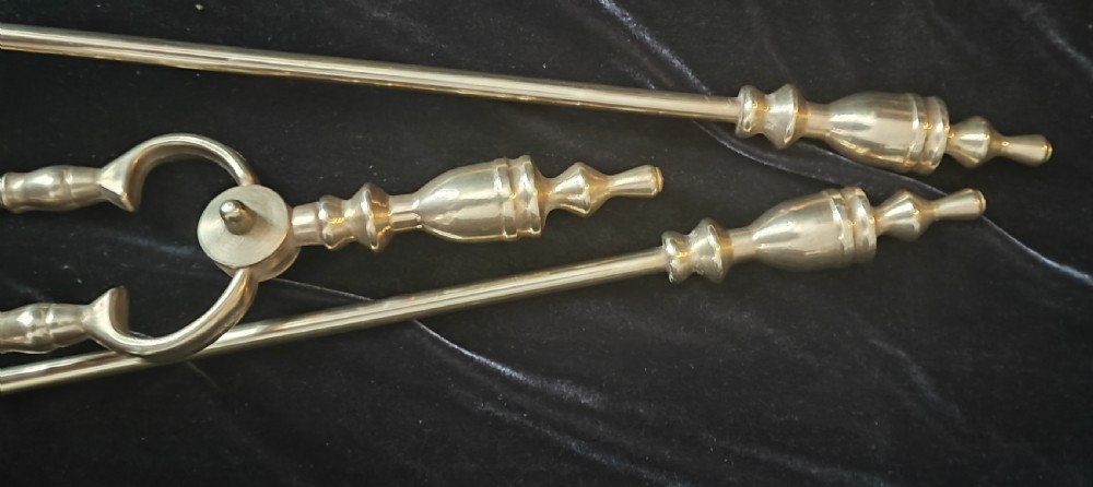 Antique set of 3 brass fire irons. View V