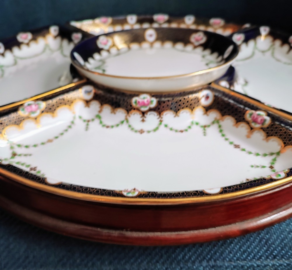 Stunning Copeland Spode hors doeuvres porcelain serving dishes in original mahogany tray. View III