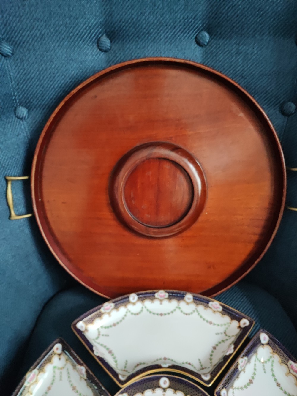 Stunning Copeland Spode hors doeuvres porcelain serving dishes in original mahogany tray. View V