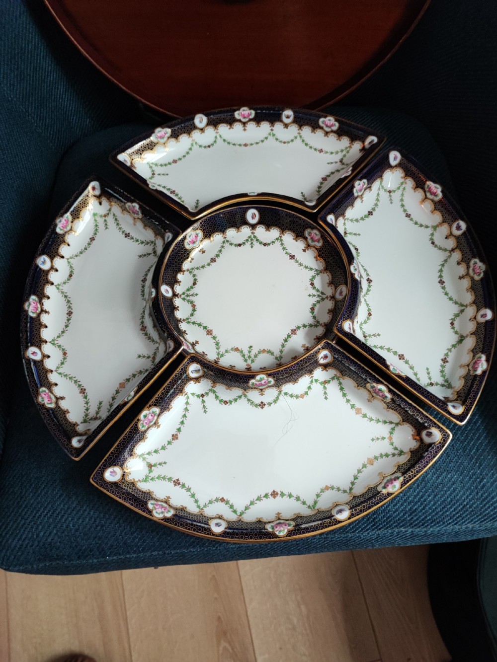 Stunning Copeland Spode hors doeuvres porcelain serving dishes in original mahogany tray. View IX