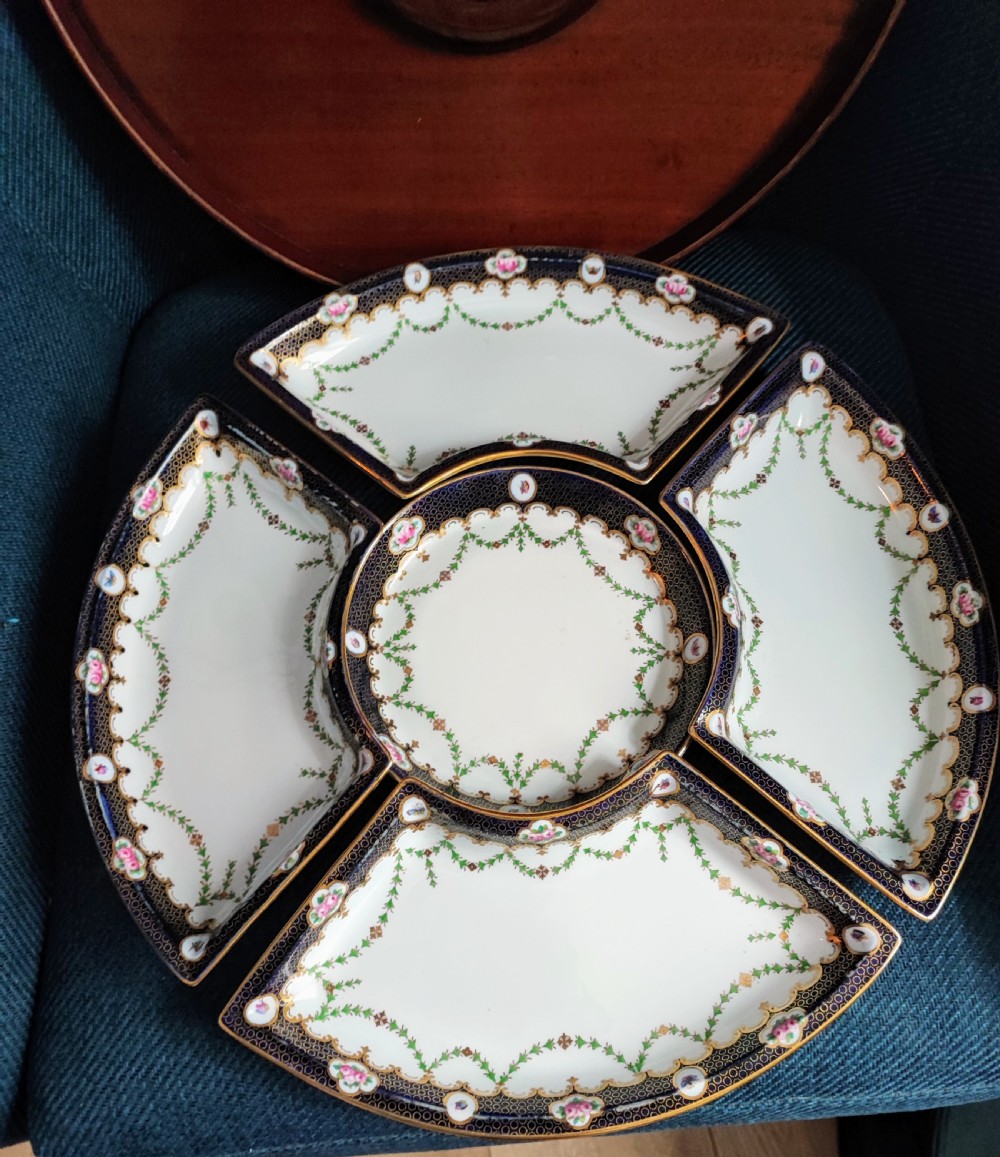 Stunning Copeland Spode hors doeuvres porcelain serving dishes in original mahogany tray. View X