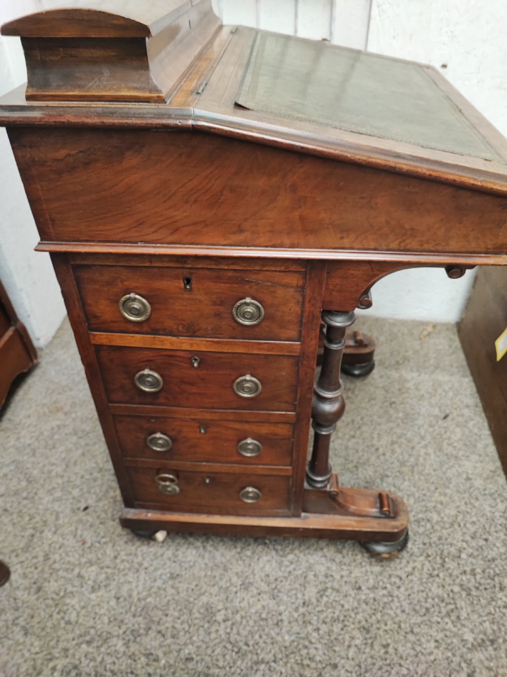 Victorian inlaid burr walnut Davenport. View V